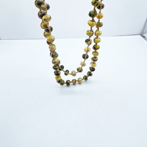 Vintage Handcrafted Beaded Necklace Yellow Green Ceramic Beads Leather Cord Adju - Picture 7 of 10